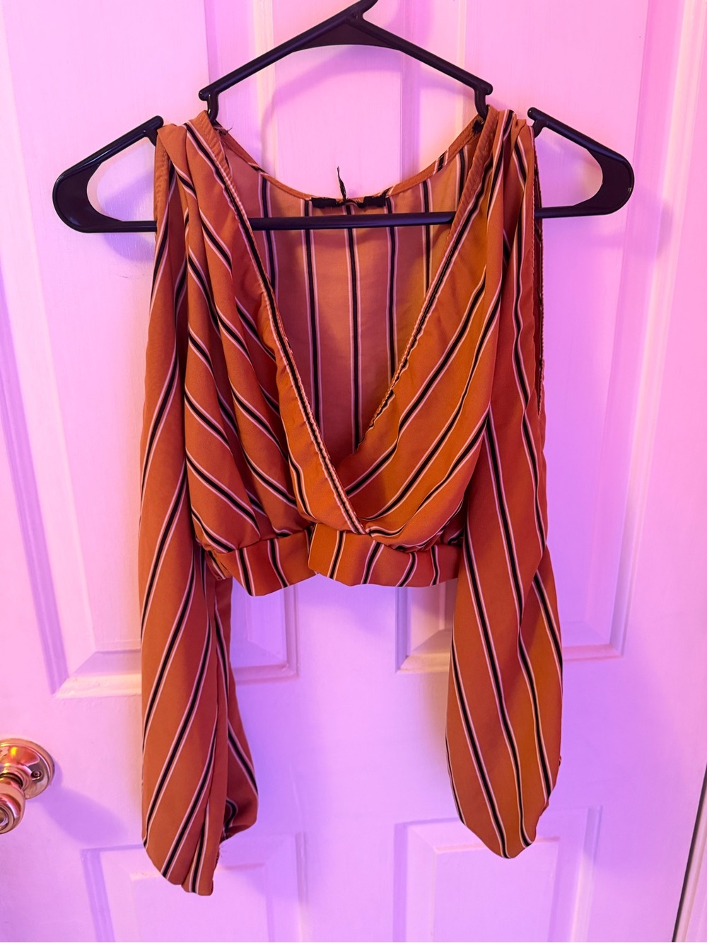 Striped Wrap Crop Top in Rust with Long Sleeves